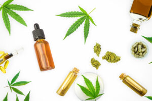 Cannabis oils in glass bottles and CBD lotion